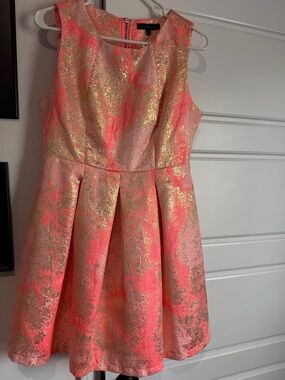 Hot & Delicious Coral Pink & Gold Metallic Fit-and-Flare Dress